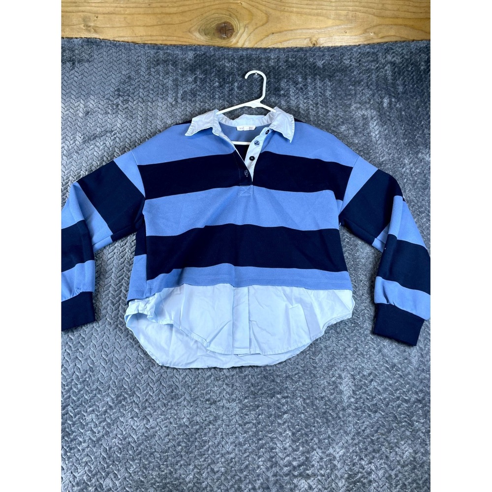 Blu Pepper Rugby Polo Shirt Womens Small Navy Blue Striped Long Sleeve BS5T1035